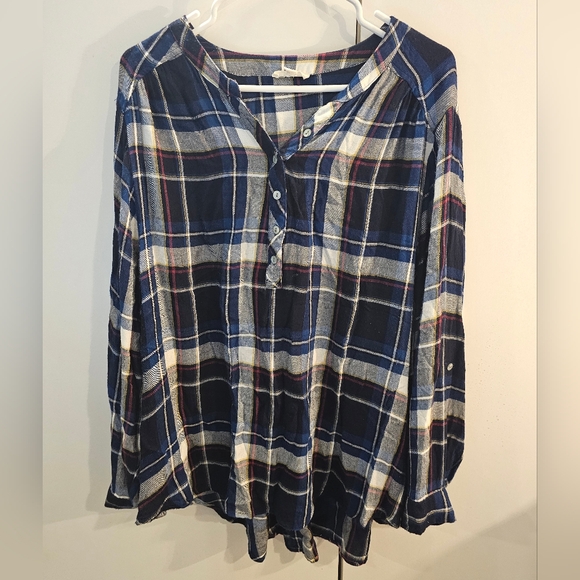 Jane and Delancey Navy Plaid Henley Blouse - Picture 1 of 6